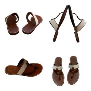 Katherine Page Brown Leather Thong Sandals | Neutral Canvas Strap New SZ (9.5)